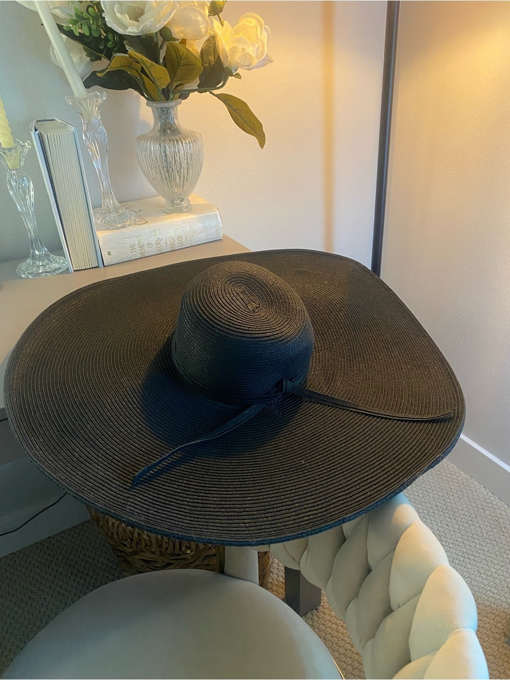 San Diego Hat Company Black Wide-Brim Straw Sun Hat with Tie/LN